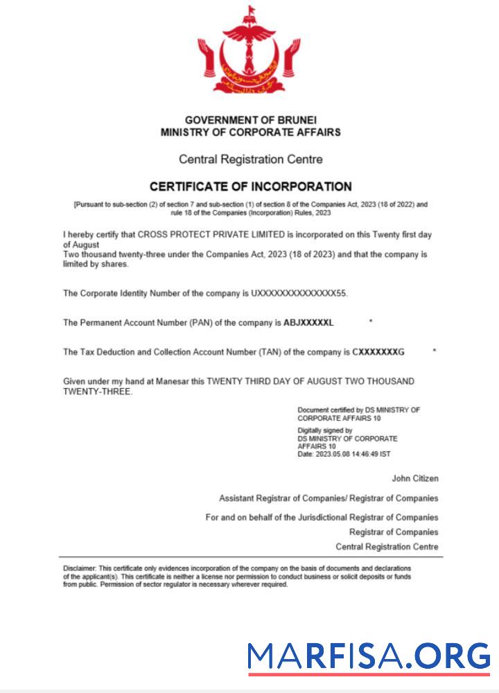 Realistic Brunei certificate of registration Word and PDF template